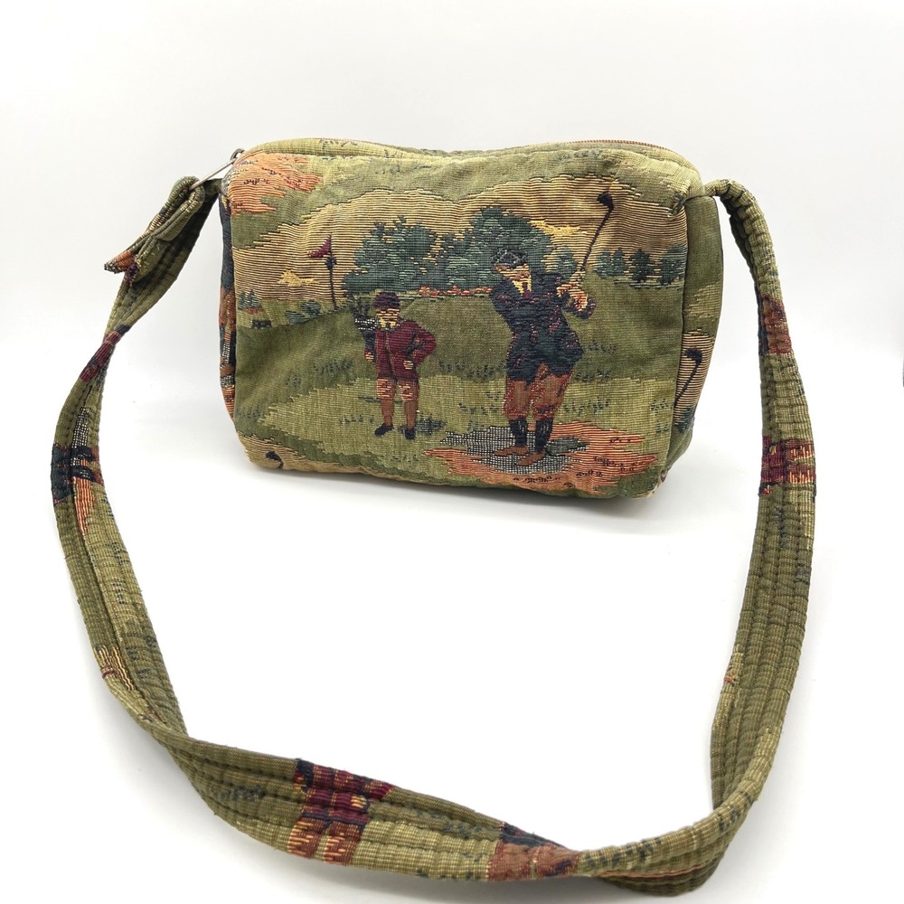 Vintage Golf Tapestry Crossbody Bag Green Scenic Woven Shoulder Purse